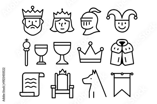 Medieval icon set featuring royalty, knight, jester, and accessories in simple outline style