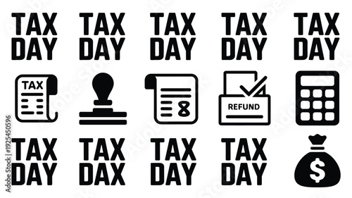 Tax day bold black logos and icons on white background taxing documents calculator money bag refund stamp