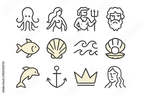Seamless ocean icons collection featuring greek mythology and marine life