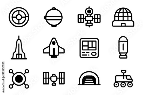Linear space exploration icons set featuring satellites, rockets, and rovers