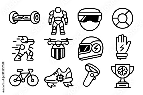 Sports and technology icons: outline collection for fitness, robotics, and gaming