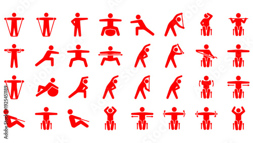 ゆったりと体操やストレッチを行う、カラフルでなめらかな質感のピクトグラムセットです。健康促進のポスターやリハビリ施設の案内動画、SNSのフィットネス発信などに最適です。見る人に安らぎと活力を与えます。