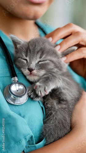 Caring veterinarian cuddles kitten with stethoscope showing tender love and compassion