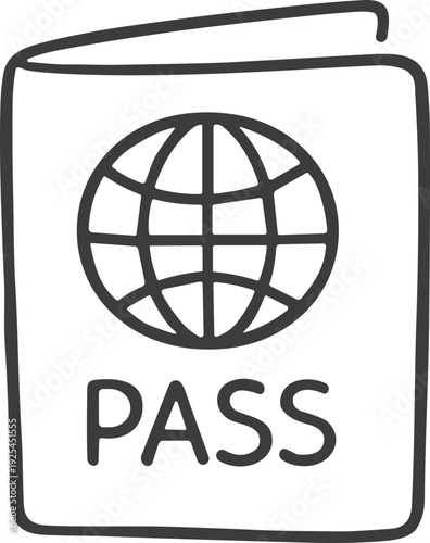 Simple doodle illustration of a passport with a globe symbol and the word PASS