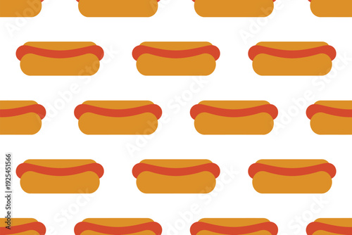 A pattern of hot dogs with ketchup on a white background