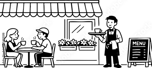 illustration of a cheerful waiter serving coffee to a happy couple enjoying a relaxed outdoor cafe experience under an awning 