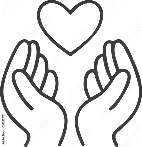 Outlined hands cupping a heart icon symbolizing care donation charity support and compassion
