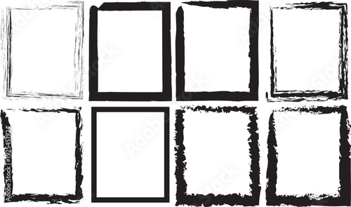 Collection of black hand drawn grunge square frames with textured brush strokes and distressed borders on white background