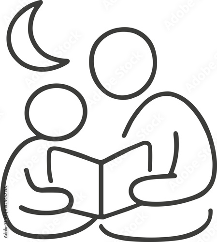 Parent reading bedtime story to child under moonlight line art icon for family and education