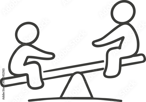 Simple line drawing of two figures on a seesaw, one larger than the other, symbolizing balance