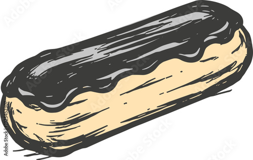 Hand-drawn illustration of a classic chocolate eclair with creamy filling and dark glaze