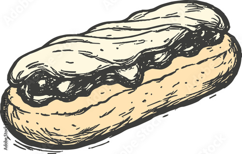Hand-drawn vintage éclair illustration showing cream filling and chocolate icing on pastry