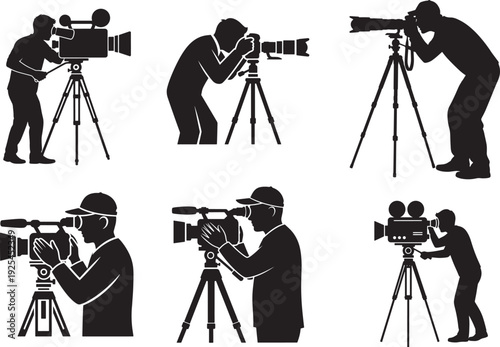 Silhouettes of people operating video cameras and cameras on tripods