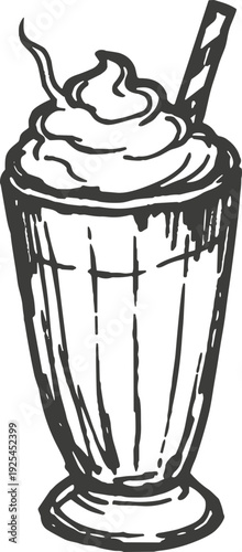 Hand-drawn vintage milkshake illustration in sketch style tall glass with whipped cream and straw
