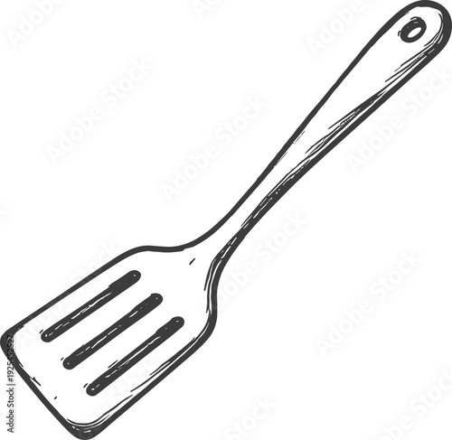 Hand-drawn metal spatula illustration on white background, vintage kitchen utensil line art