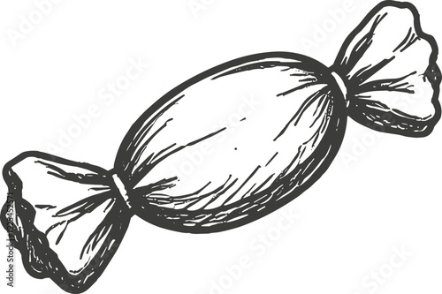 Hand drawn sketch of a single wrapped candy in a simple, clean illustration style
