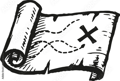 Old rolled treasure map with an X marking the spot for buried riches