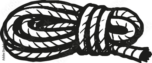 Thick black rope coiled neatly with a frayed end, isolated on white background