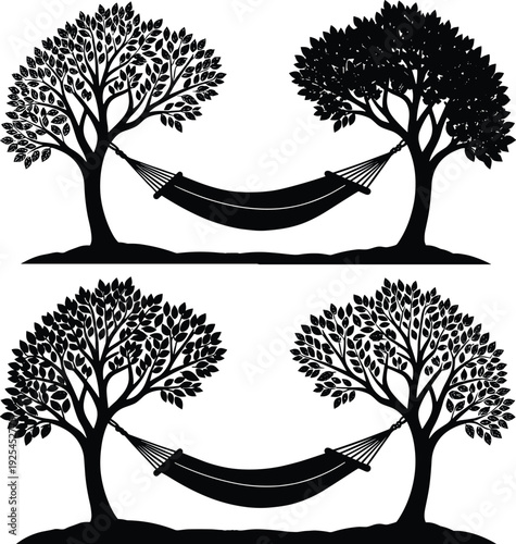 Black silhouette vector set of a relaxing hammock hanging between two leafy trees on a grassy hill for summer vacation and outdoor leisure