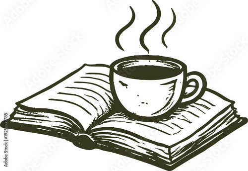 Cozy morning reading with a warm cup of coffee on an open book illustration
