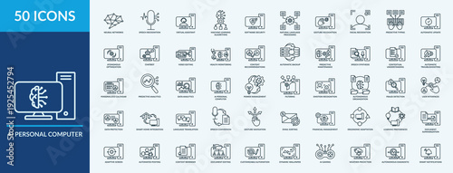 AI Personal Computer - Icon Collection. Thin Outline Set contains such Icons as neural network, machine learning, speech recognition and more. Simple web icons set