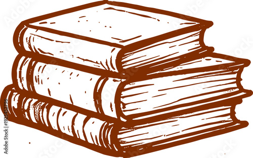 Stack of three vintage books with brown covers, sketched in a simple, rustic style