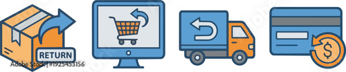 Online Shopping Return Season Icon Set Representing E-Commerce Refunds, Customer Service, and Retail Workflow