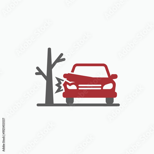 A red car has crashed into a tree, showing damage to the front.