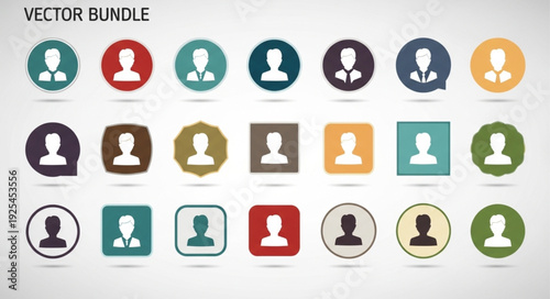 Collection of diverse user profile icons in various shapes and colors.
