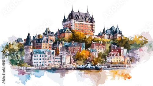 Quebec City. Quebec City hand drawn watercolor illustration