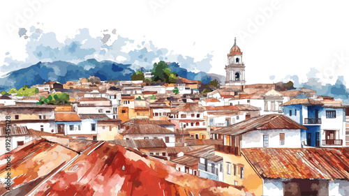 Quito Old Town. Quito Old Town hand drawn watercolor illustration