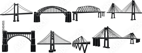 Black-and-white vector silhouette illustration of eight different bridge designs including suspension, arch, truss, cable-stayed, cantilever, 