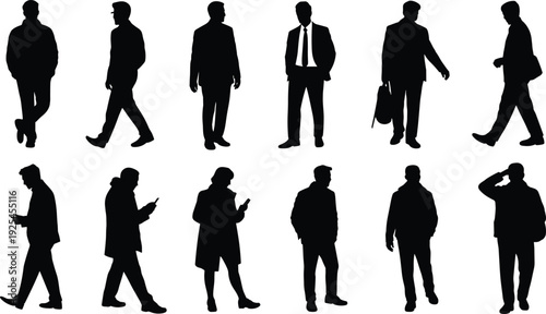 PrintMale silhouettes, professional figures, casual attire, business poses, walking people, standing men, urban lifestyle, corporate design, posture variation, fashion outline, office workers
