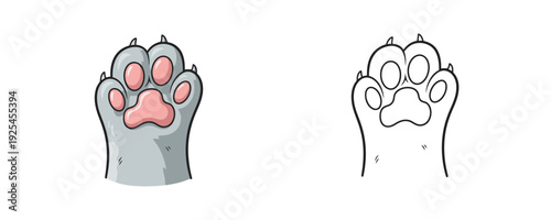 Cute gray cat paw with pink pads shown in colored and outline styles representing domestic animal care and veterinary on white background