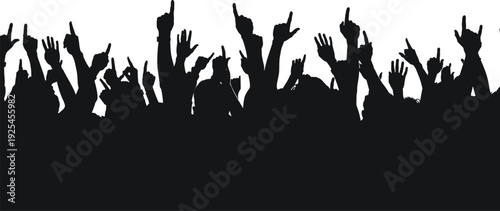 Cheering crowd silhouettes with raised hands, concert audience celebration background, black and white vector illustration for music festival and party design