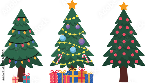 Christmas tree collection with ornaments and gifts, festive holiday decoration set, colorful winter season vector illustration isolated on white background