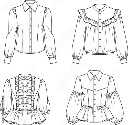 Four Different Styles of Button- Up Blouses with Ruffles and Pleats