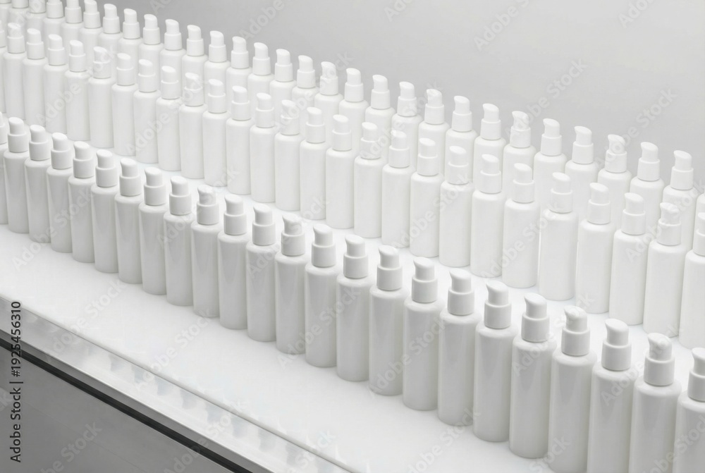 Obraz premium Rows of white cosmetic pump bottles in a mass production line