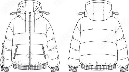 Puffer jacket technical line drawing vector illustration set, front and back view clipart, winter coat design icons, apparel graphics bundle