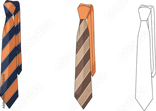 Three Ties with Different Patterns and Colors on White Background