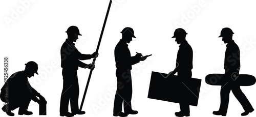 Construction worker silhouettes set, industrial laborers with tools and equipment, black and white vector illustration collection for engineering and building design