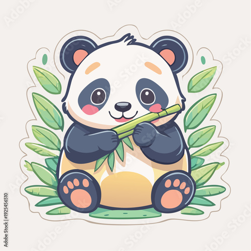A cute cartoon baby panda happily eating bamboo surrounded by green leaves, depicted in a charming sticker style.