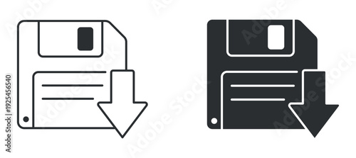 Save file download icon set, floppy disk storage symbol, data backup and export sign, technology vector illustration