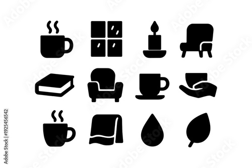 Cozy hygge silhouettes: mugs, candles, and more for relaxation and comfort