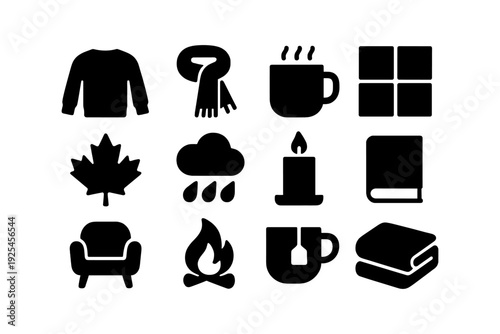 Cozy autumn icons: sweater, scarf, tea, and fireplace comforts