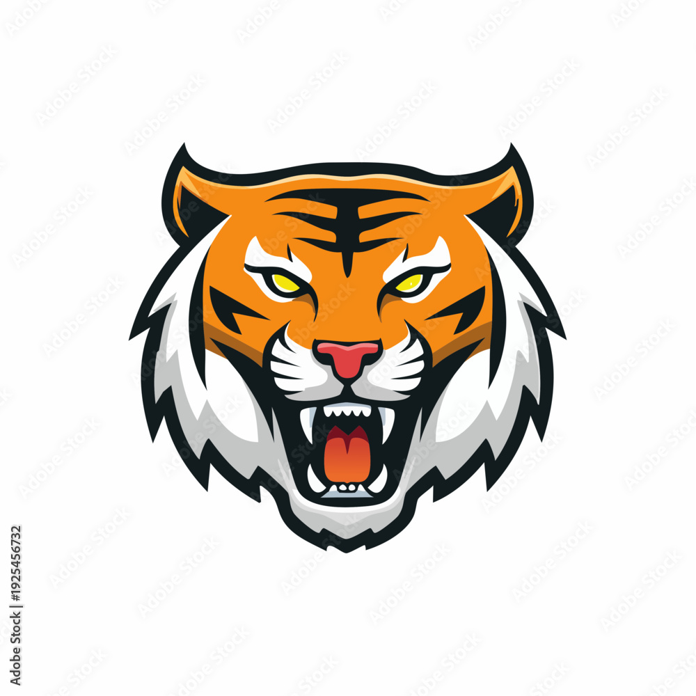 Obraz premium Vibrant and fierce cartoon tiger head roaring with sharp fangs and yellow eyes, perfect for a sports mascot or logo design.