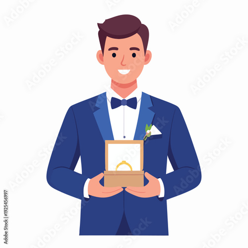Man in blue suit holding open jewelry box with ring in formal attire