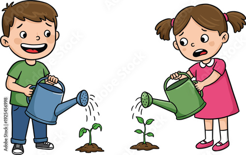 Cartoon children watering plants, boy with small seedling, girl with taller plant, playful gardening, eco-friendly learning, childhood nature care illustration