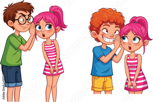 Cartoon children whispering secrets, kids communication illustration, friendship concept, playful interaction, childhood emotions, social learning, sharing, imagination, art