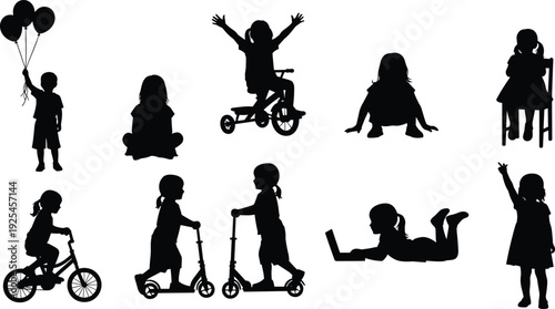 Collection of children silhouettes playing and learning isolated on white background, kids activities lifestyle illustration set for design
